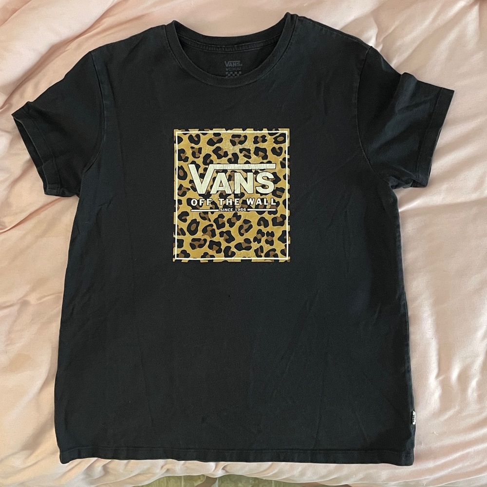 Vans Black Tee with Leopard Graphic (one small hole on the  front of the shirt)